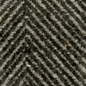Striped fabric swatch with dark brown and off-white diagonal weave, featuring muted yellow flecks and subtle repeating text.